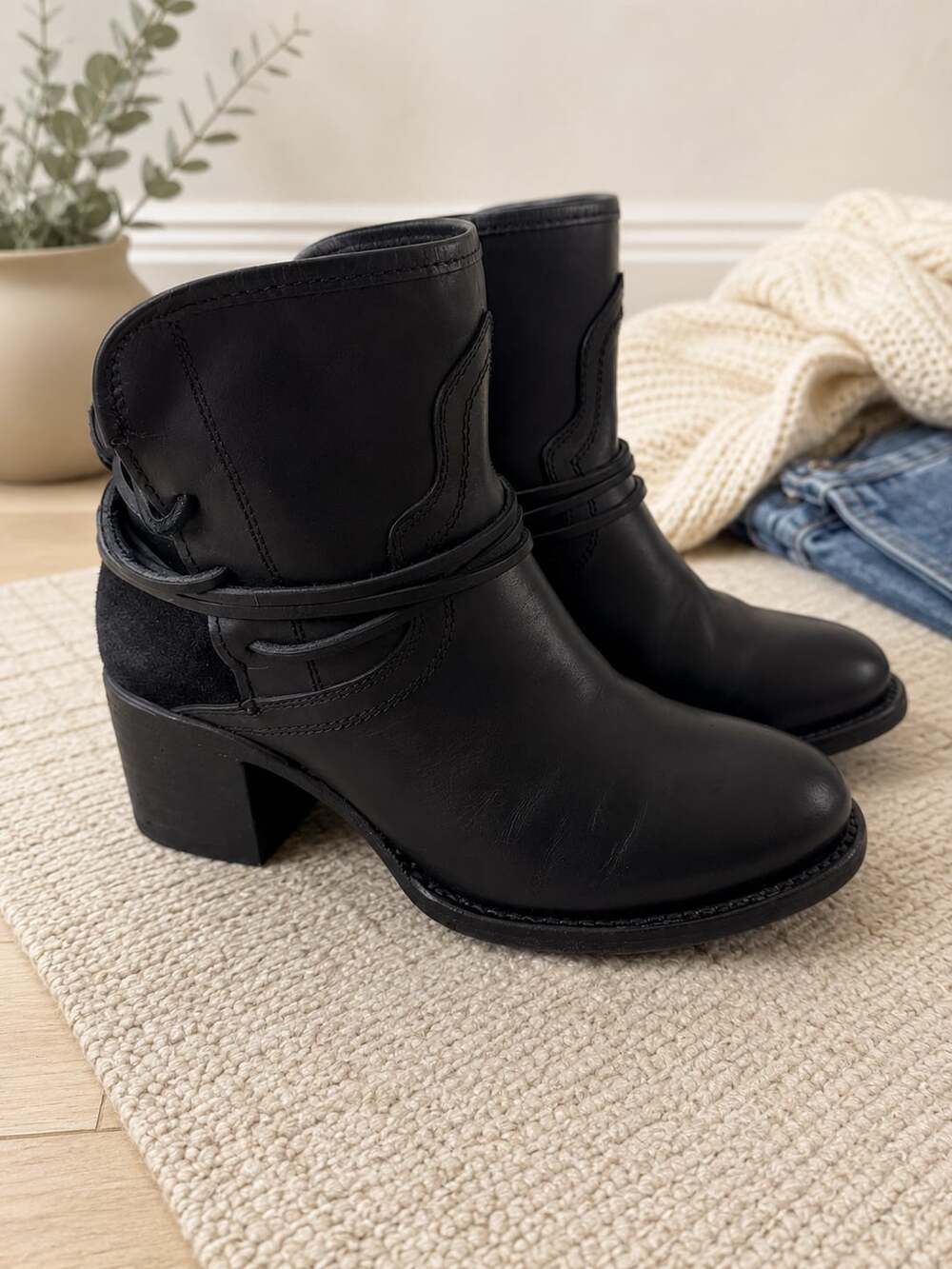 Freebird by Steven Casey Black Leather Ankle Boots Western Harness Womens 6